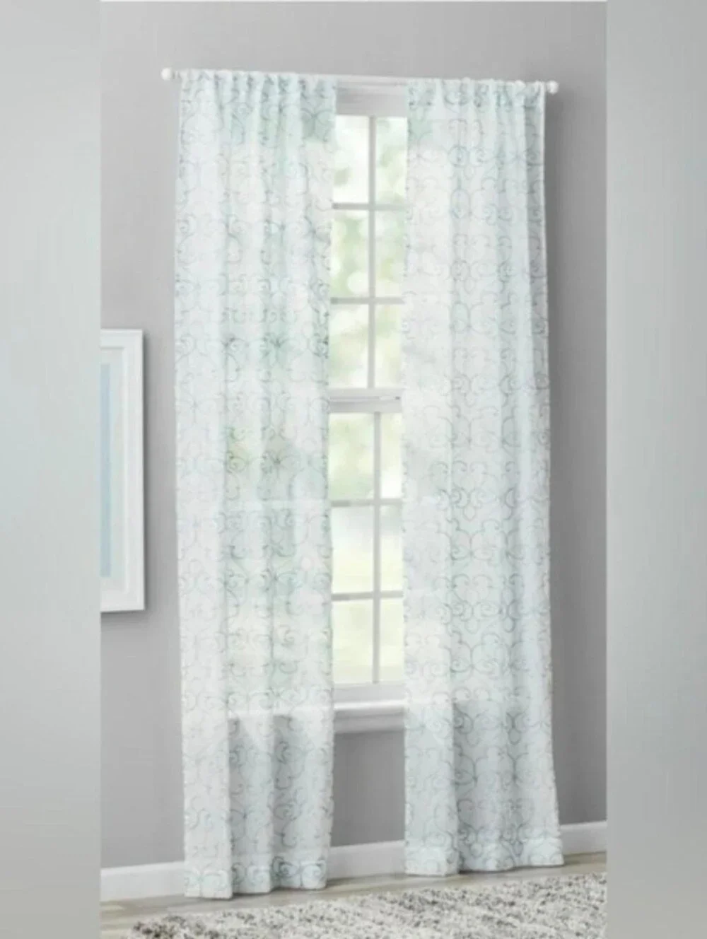 Mainstays Sheer Panel in White with Light Blue Scroll Pattern